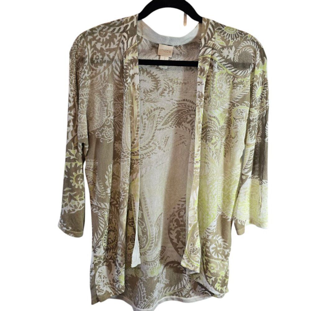 CHICOS CARDIGAN WOMENS SIZE 1 MEDIUM RELAXED TAN GREEN LIGHTWEIGHT PAISLEY NWOT